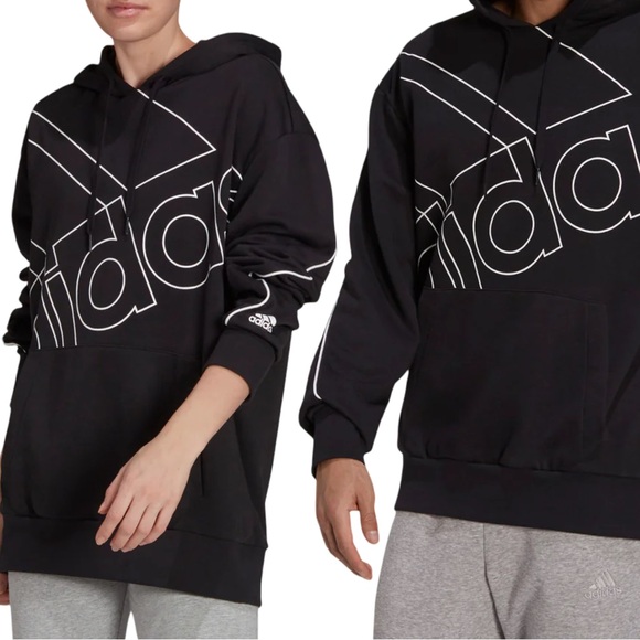 ADIDAS-CHANDAIL Hoodie Unisex Size 2XL Black Essentials Giant Logo Cotton Blend - Picture 3 of 13